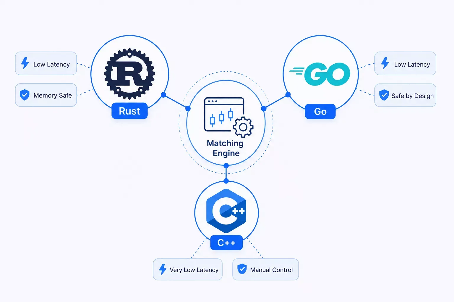 Rust, Go, and C++ compared for crypto exchange matching engine development