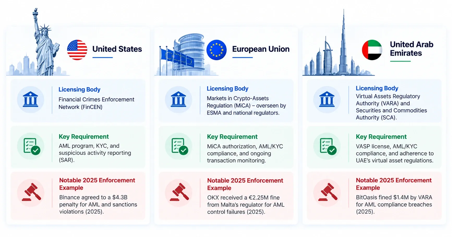 Crypto regulation comparison for US EU UAE
