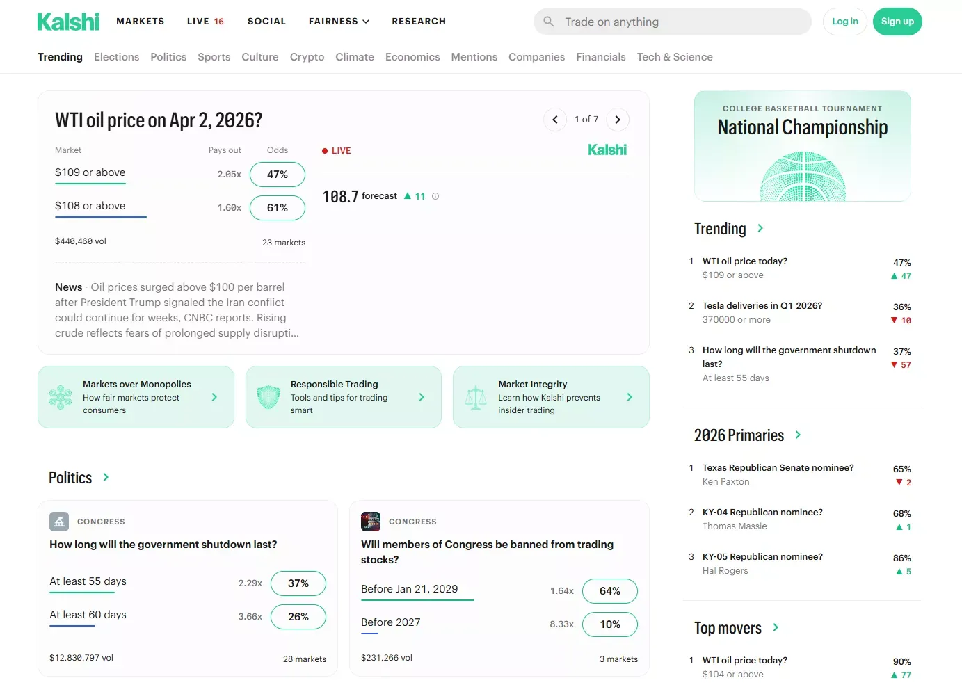 Kalshi prediction market interface 2026