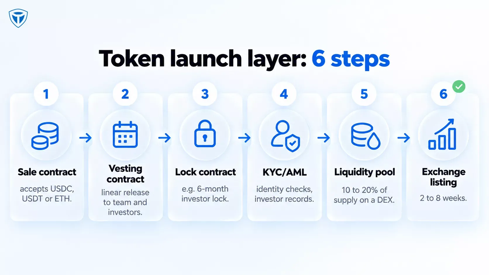 Token launch flow from sale and vesting to KYC, liquidity and exchange listing